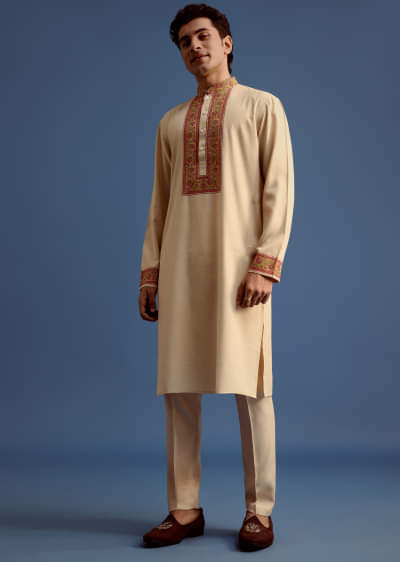 Beige Zari Floral Block Printed Kurta Set