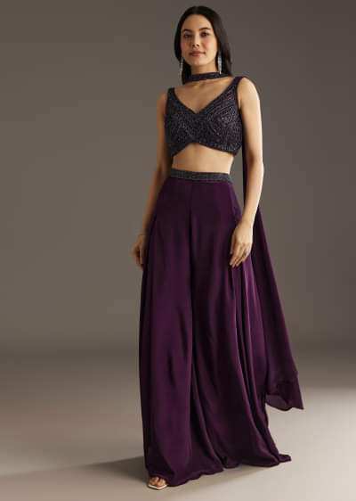 Wine Crepe Crop Top With Embroidered Palazzo And Choker Dupatta