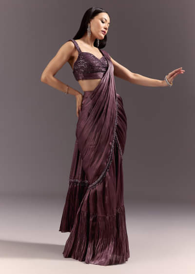 Wine Frill Drape Cutdana Saree With Sleeveless Overlap Blouse