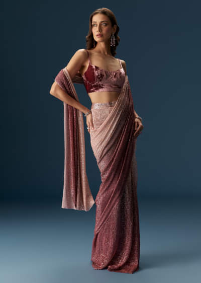 Wine Ombre Pre Pleated Saree With Sequins And Velvet Blouse
