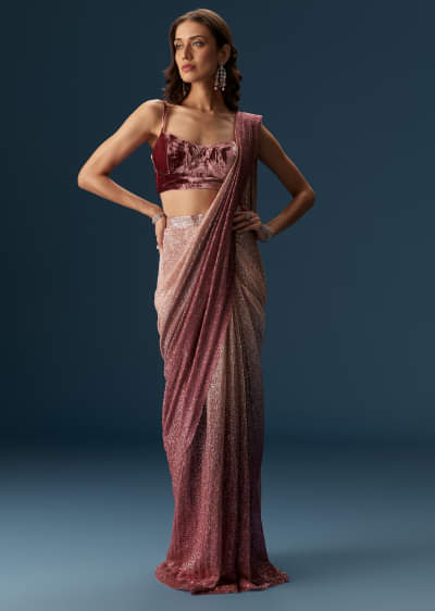 Wine Ombre Pre Pleated Saree With Sequins And Velvet Blouse