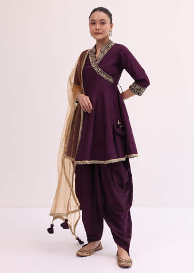 Wine Embroidered Kurta Dhoti Set