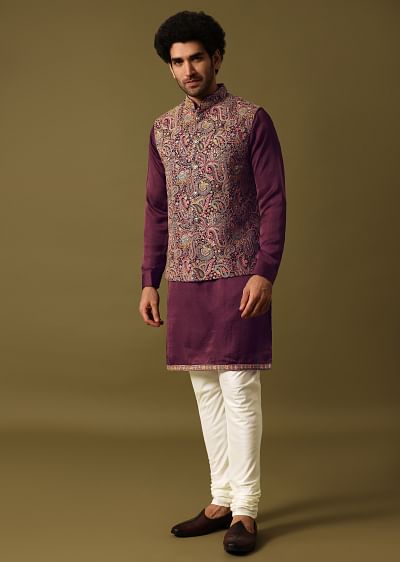 Buy Black Georgette Kurta Jacket Set With Resham Work For Men
