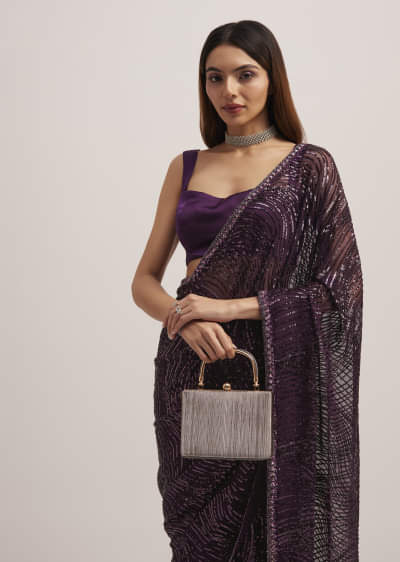 Wine Purple Sequins Saree With An Embellished Border