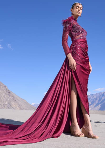 Buy Violet Satin Embroidered Gown With One Shoulder Sash Buy Violet Satin Embroidered Gown With One Shoulder Sash