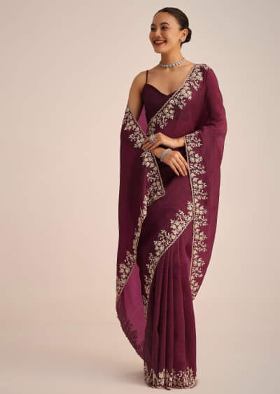 Buy Wine Satin Saree With Thread And Stone Embroidered Buy Wine Satin Saree With Thread And Stone Embroidered