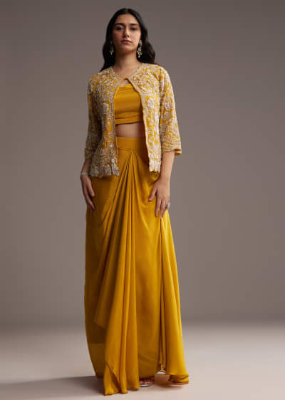 Yellow Chinon Indo Western Set With Embroidered Jacket