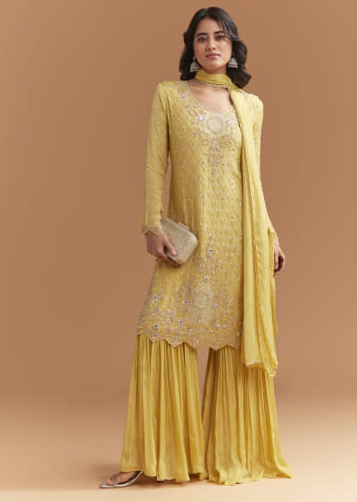 Yellow Chinon Sharara Suit With Sequins And Cutdana Work
