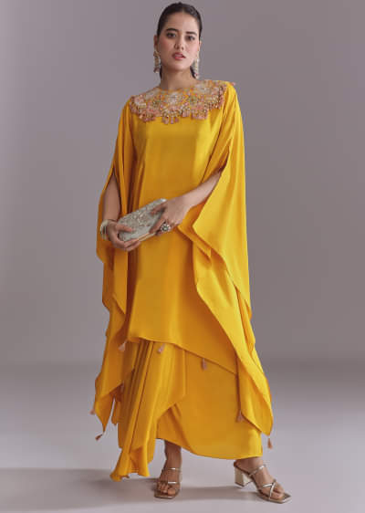 Yellow Crepe Kaftan Top And Drape Skirt Set With Embroidery