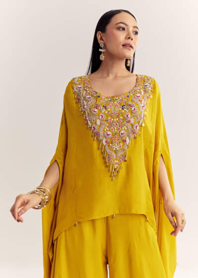 Yellow Dola Silk Cape Kurta Set With Embroidery