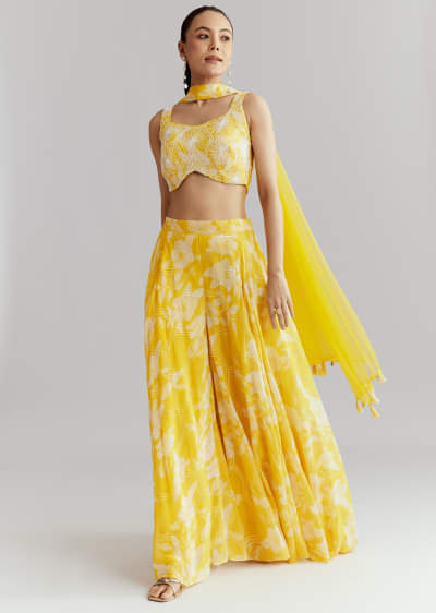 Yellow Georgette Floral Crop Top Pant Set With Embroidery