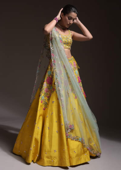Yellow Lehenga Choli In Raw Silk With Resham, Cut Dana And Sequins Embroidered Summertime Blossoms 