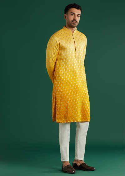 Yellow Silk Foil Kurta Set For Men With Sequins Embroidery