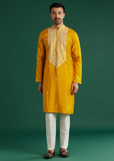 Yellow Silk Kurta Set For Men With Mirror And Thread Work