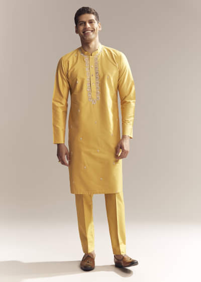 Yellow Silk Kurta Set For Men With Zardosi And Aari Work