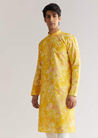 Yellow Silk Kurta Set With Floral Prints