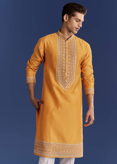 Yellow Silk Kurta Set With Yoke Thread And Mirror Work