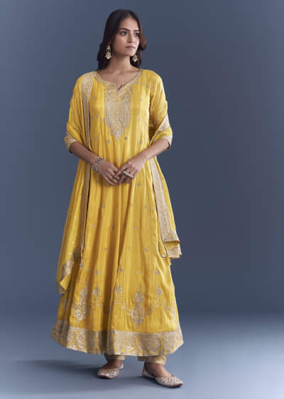 Yellow Tissue Anarkali Suit With Sequins And Zari Work