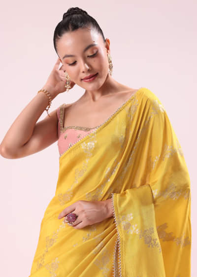 Yellow Lurex Dola Saree With Gold Beaded Embroidered Stitched Blouse