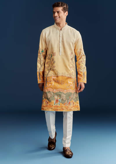 Yellow Ombre Silk Kurta Set With Floral And Animal Print Motifs