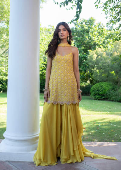 Yellow Sequin Hand Work Sharara Suit With Embroidered Choker Dupatta