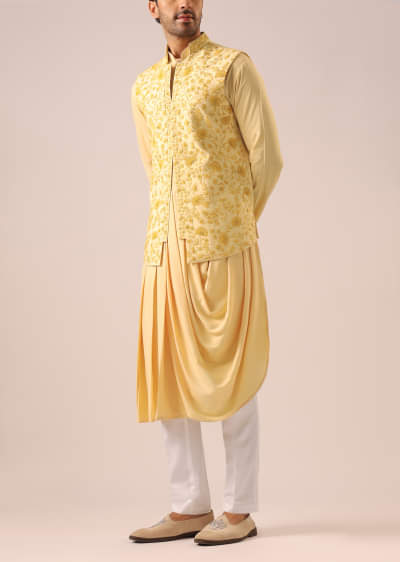 Yellow Silk Jacket And Cowl Draped Kurta Set
