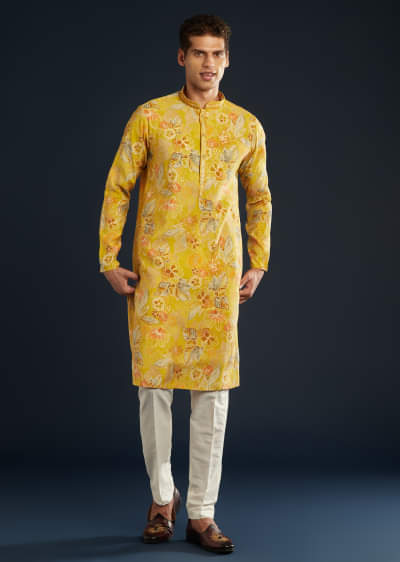 Yellow Silk Kurta Set with Floral print all over
