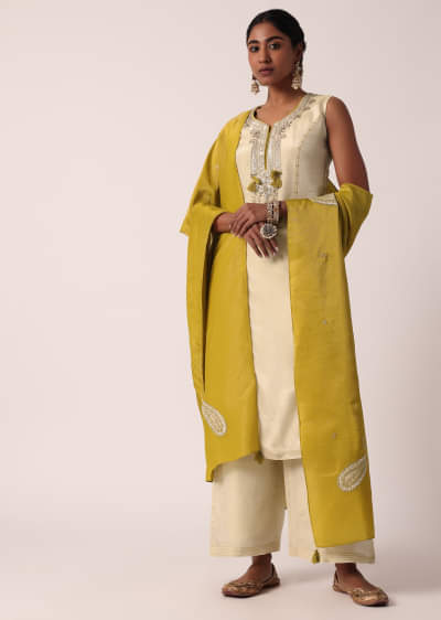 Mustard Yellow Silk Palazzo Set With Sequin Work