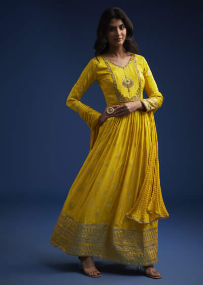 Yellow Tissue Anarkali Set With Gotta Work