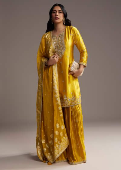 Yellow Zari Palazzo Suit Set With Dupatta