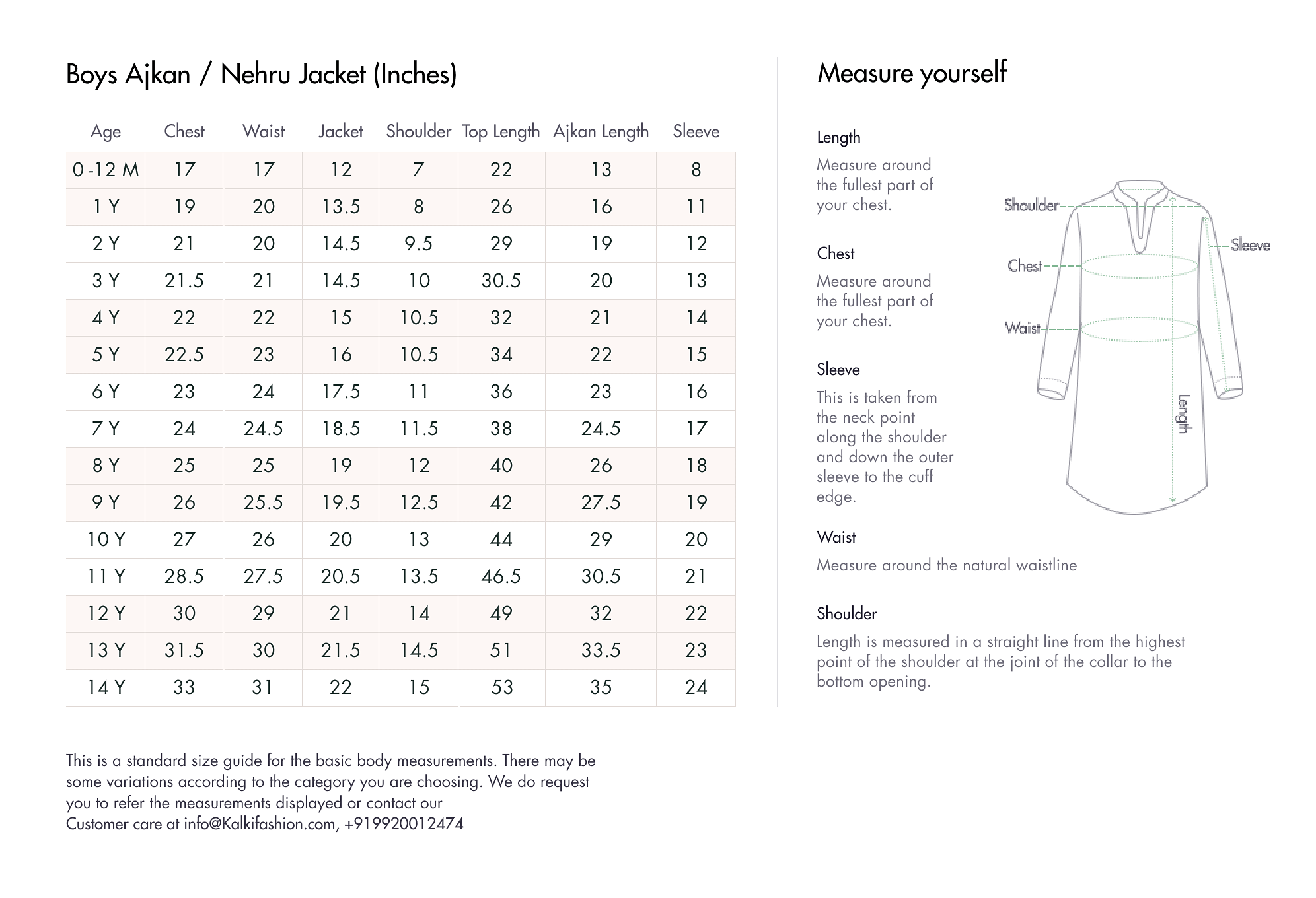 Kids' size chart for boys at KALKI Fashion