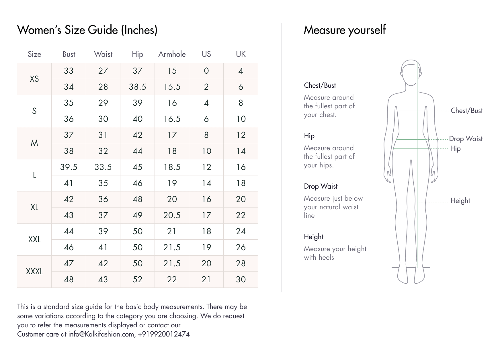 Women's size chart by KALKI Fashion