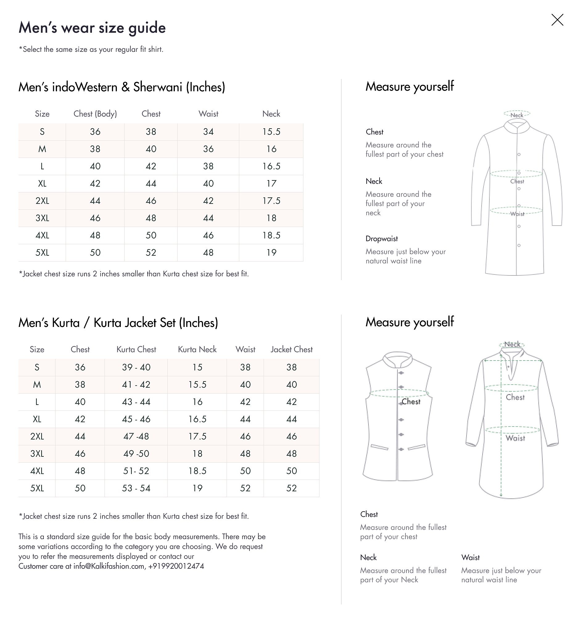  Men's size chart at KALKI Fashion